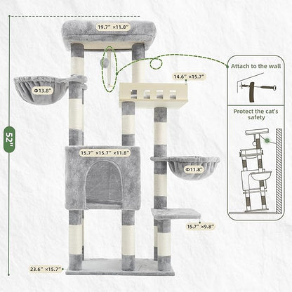 Cat Tree for Indoor Cats Large Adult, Heavy Duty Cat Tree for Large Cats 20 lbs+, Cat Condo with Big Wooden Perch, Cat Tower with 14 Scratching Posts, Hammock, Light Gray GCT023W