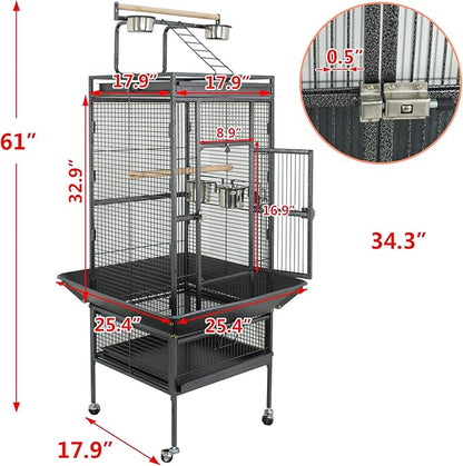 SUPER DEAL PRO 61-inch 2in1 Large Bird Cage with Rolling Stand Playtop Parrot Chinchilla Finch Cage Macaw Conure Cockatiel Cockatoo Pet House Wrought Iron Birdcage, Black