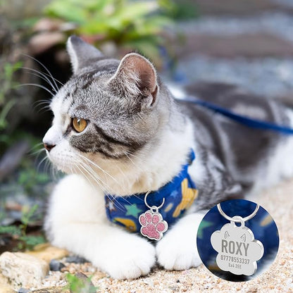 EDSG Cat Dog Tags Personalized for Pets, Dog Name Tags Cat Name ID Tag, Engraved Dog Tags Dog ID Tags Small Glitter Bling ID Tag Paw Print for Cat Pet Dog Puppy(Blue,Design 4)