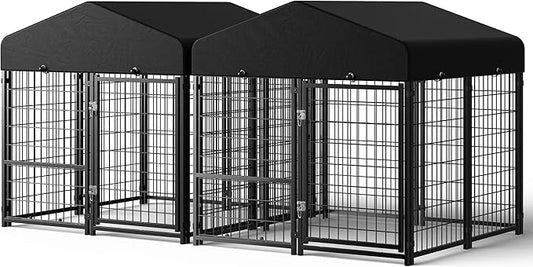 2PCS Dog Kennel Outdoor, Outside Dog Kennel with Roof & Removable Doggy Door Allow Connecting Your Dog House, Square Pet Enclosure Dog Run Yard for Medium/Small Dogs(4'Lx4'Wx4.6'H)