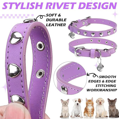 EXPAWLORER Leather Cat Collar for Girl Boy- Adjustable Pet Collar with Safety Elastic Belt,Personalized Heart Accessories Buckle Collars with Bell & Durable D-Ring,Heart (Purple)