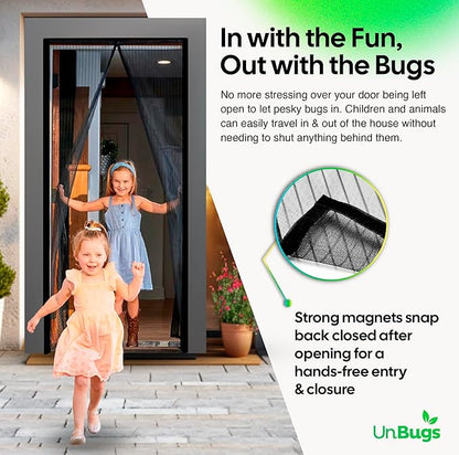 UnBugs Magnetic Screen Door - Fits Doors up to 36 x 82 Inches MAX - Pet & Kid Friendly, Self-Closing - Hands Free Magnet Closure Keeps Bugs Out & Breeze in
