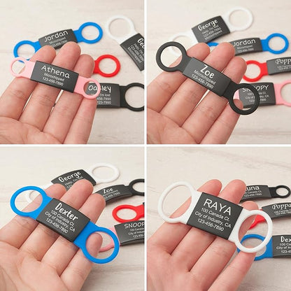 Anavia Slide On Silent Pet ID Tags, S/M/L/XL Personalized Black Stainless Steel Colored Silicone Cat Dog Name Tag, Customized Engraved Nameplate, Quiet Chew-Proof Pet Collar Tag (Blue, Medium)