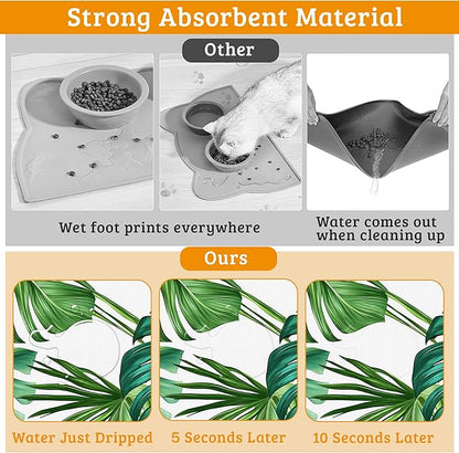 Dog Bowl Mat,Leaves Pet Feeding Mat for Floors Waterproof,Tropical Palm Absorbent Dogs Placemat for Food and Water Quick Dry Pet Cat Feeding Mats with Non Slip Bottom 16" x 24"