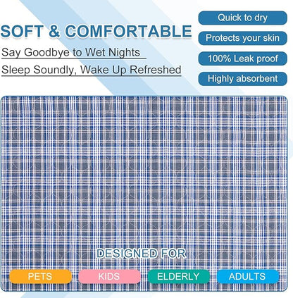 OUTCREATOR® Washable Bed Pads 34" x 76" (Pack of 2) for Incontinence Mattress Protector, Reusable Underpads for Elderly, Adults, Kids, Pets with Anti-Slip Bottom (Light Blue Plaid)