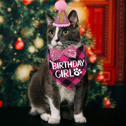 STMK Cat Birthday Decorations, Cat Birthday Hat with Numbers Bandana Bow Tie Collar for Cats Kittens Birthday Outfits (Pink)