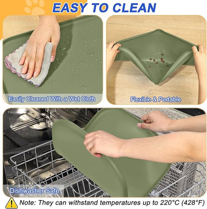 Silicone Pet Feeding Mat with Raised Edge for Food and Water, Dog Bowl Mats, Cat Bowls Placemat with High Lip for Floor Waterproof, Rubber Tray for Cats and Dogs 19 x 12 x0.7 Light Olive Green