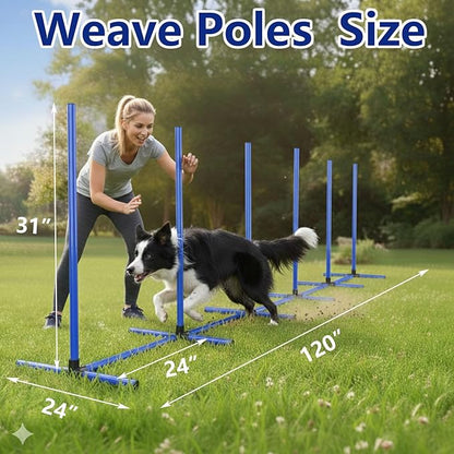 6 Weave Poles & 2 Hurdle Dog Agility Set, Indoor & Outdoor Training Equipment with Support Feet, 31" Height, 24" Spacing, Storage Bag