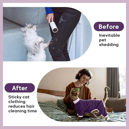 PUMYPOREITY Cat Recovery Suit, Stops Wound Licking After Surgery, Sticky Hair Shirt with Sticky Fabric, Cat Pajamas Prevents Over-Grooming, Purple, S