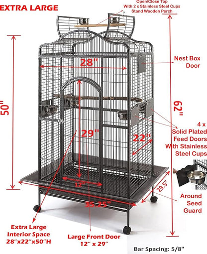 2 Color, Extra Large Wrought Iron Dome Top for Macaw Goffin's Cockatoo Cockatiels African Grey Amazon Parrots Green Cheek Conures Caique Bird Cage with Rolling Stand