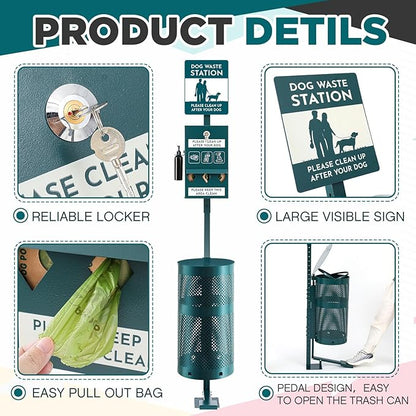 Qinyoung Pet Waste Station, Includes 600 Roll Bags, Dog Waste Station with Foot Pedal, Dog Poop Sign, Bag Dispenser, Hand Sanitizer Bottle and Covered Outdoor Trash Can for Parks, Trails Outdoor