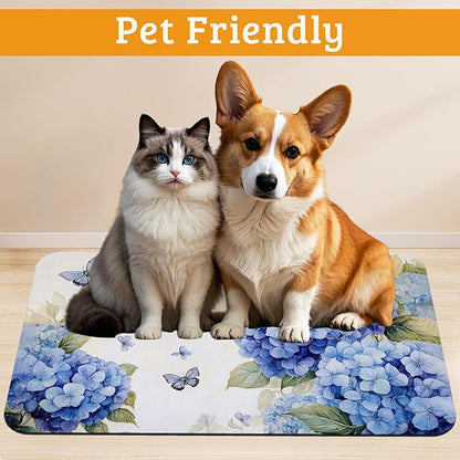 Pet Feeding Mat,Blue Hydrangea Absorbent Dog Cat Food Mat Butterfly Floral Dog Mat with Rubber Backing,Non-Slip Water Bowl Placemat,Pet Supplies 12" x 20"
