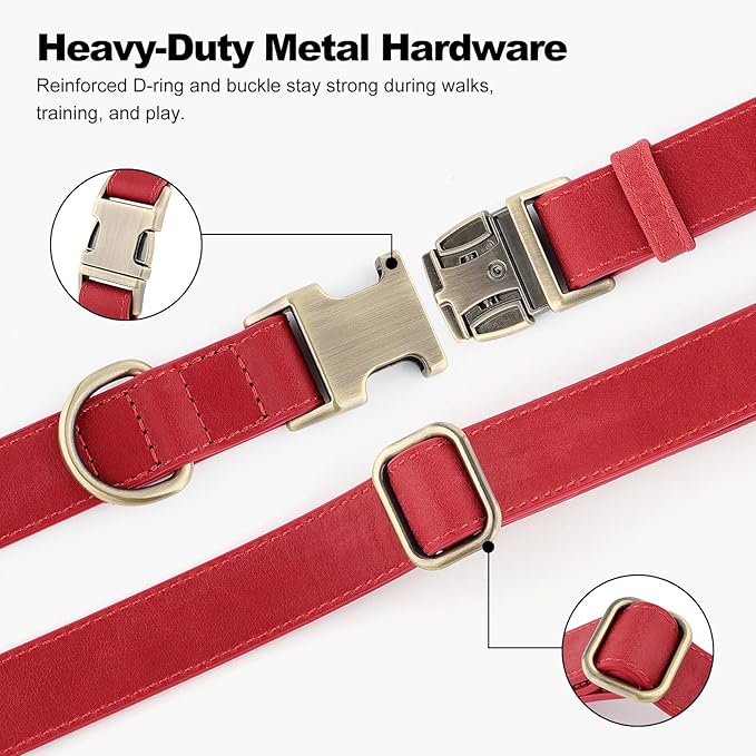 Plutus Pet Genuine Leather Dog Collar – Adjustable Pet Collar with Quick Release Metal Buckle, Soft Real Leather for Small Medium Large Dogs, Heavy Duty & Skin-Friendly (Red, L)