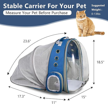 Cat Backpack Carrier Back Expandable Bubble Pet Carrier Backpack for Large Cat, Kitten and Dog, Designed for Hiking, Travelling and Outdoor Use (Back Expandable-Blue)
