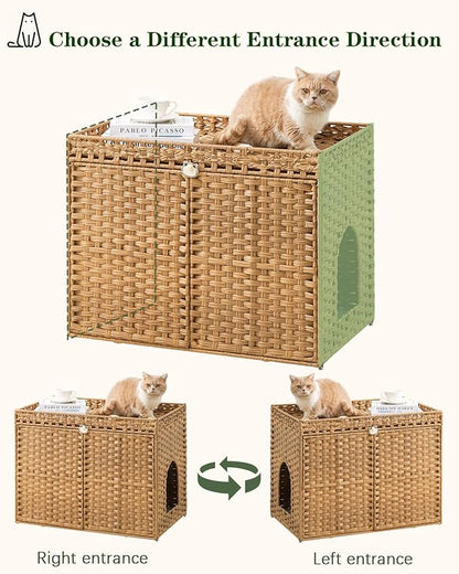 Cat Litter Box Enclosure Furniture, Handwoven Rattan Hidden Litter Box with Mat, Large Space Cat House with 2 S-Shaped Hooks 30.3 x 18.3 x 24.4 Inches, Indoor for Living Room Apartment Natural