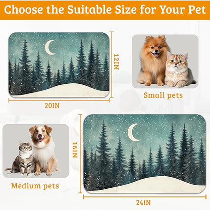 Pet Feeding Mat,Abstract Forest Absorbent Dog Cat Food Mat Moon Dog Mat with Rubber Backing,Non-Slip Water Bowl Placemat,Pet Supplies 12" x 20"