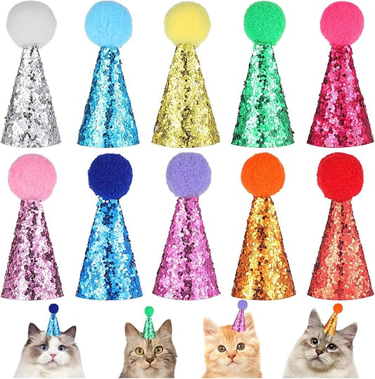 10PCS Small Party Hats for Stuffed Animals, Mini Birthday Hats for Stuffed Animals, Dogs, Cats, Adjustable Tiny Hat with Pom Poms, Holiday Birthday Costume Accessories