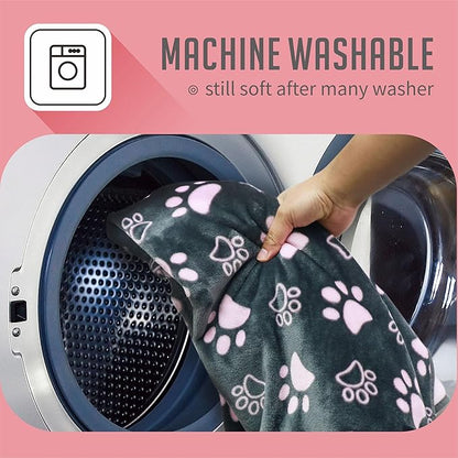 Dog Blankets for Large Dogs,Washable Pet Blanket, Soft Crate Bed with Paw Pattern for Kennel/Couch, Grey & Pink 80x60 Inch