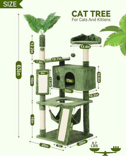 Hoopet 63IN Cat Tree Tower for Indoor Cats Large Adult, Cat Scratching Posts Featuring with Scratching Boards, Wide Plush Perch and Interactive Dangling Balls Ideal for Multi-Cat Households