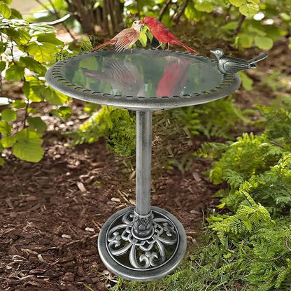 Outdoor Garden Bird Bath - Silver - Weather Resistant Polyresin - 30 Inch - Backyard Expressions