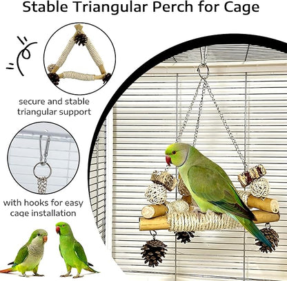 Large Bird Swing for Cage with Chew Toys, 3 Sisal-Wrapped Bird Perches & Stable Triangle Design, Wooden Hanging Quaker Toy Swing for Medium-Sized Bird Cockatiel Ring-Necked Caique Balance Training (L)