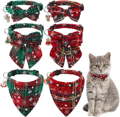 6 Pack Christmas Cat Collar with Bow Tie Bandana and Bell, Breakaway Adjustable Cat Bow Tie Collars, Xmas Accessories for Kittens Or Certain Puppies