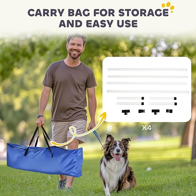 PawHut 4 Piece Dog Agility Training Equipment for Dog Agility Course with Adjustable Height Jump Bars, Included Carry Bag, & Displacing Top Bar, White