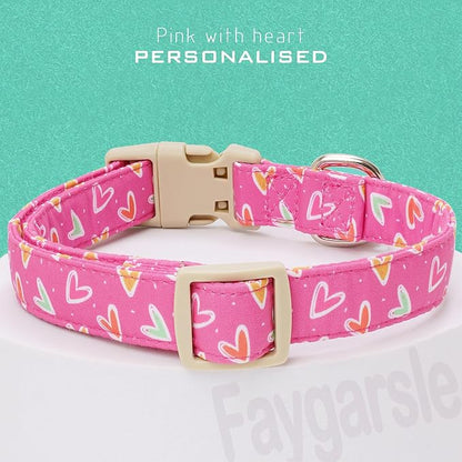 Faygarsle Valentine's Day Dog Collar, Pink Heart Pattern with Metal D-Ring and Heart Charm, Adjustable Pet Collar for Small Medium Large Dogs XS