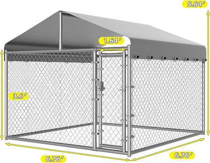 Dog Kennel Outside with Roof, Large Dog Run Enclosure, Outdoor Heavy Duty Pens House Pet Playpen with Galvanized Chain Link Waterproof Cover and Secure Lock(6.76'Lx6.76'Wx5.64'H)