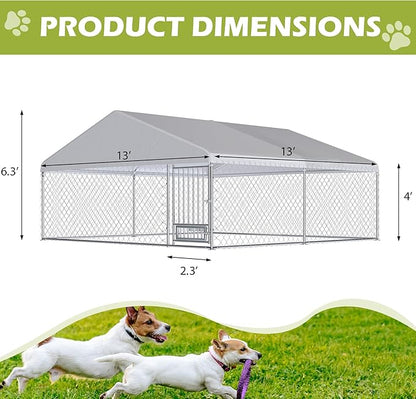 13FT x 13FT Outdoor Dog Kennel with Roof, Outside Dog Run Fence with Rotated Dog Bowls, Large Dog House Pen Enclosure with Secure Lock&Textilene Door