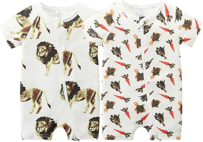 Unisex Summer Trendy 2-Pack Rompers Short Sleeve Zipped Bodysuit Infant Cotton Outfits