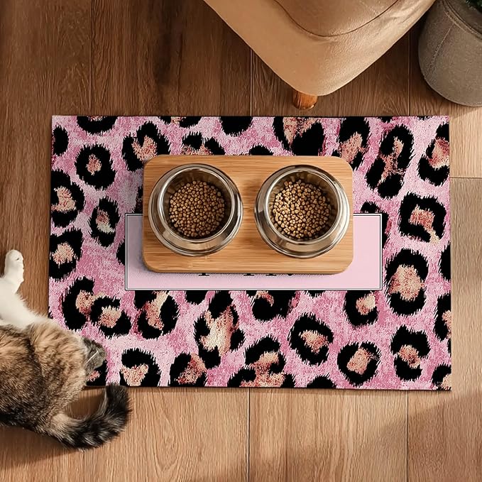 Puppy Feeding Mat 24x16 inch Pink Leopard Print Pet Bowl Placemat Non Slip Floor Mat for Food and Water Indoor Dog Feeding Station Cute Meal Pad for Small Pets Kitchen Use