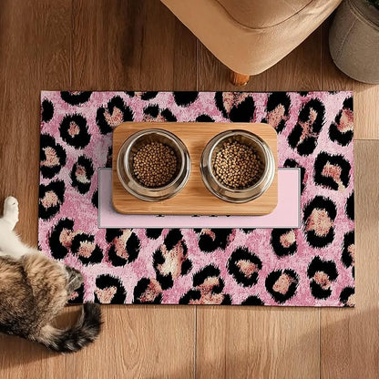 Puppy Feeding Mat 24x16 inch Pink Leopard Print Pet Bowl Placemat Non Slip Floor Mat for Food and Water Indoor Dog Feeding Station Cute Meal Pad for Small Pets Kitchen Use
