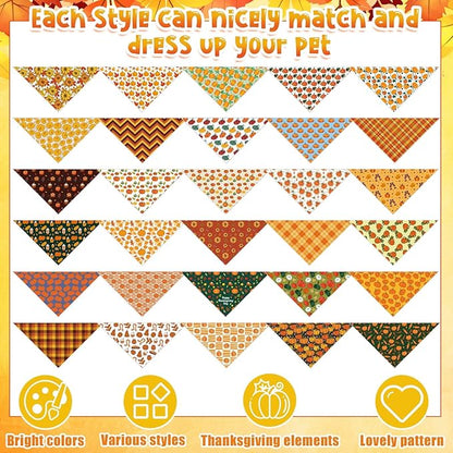 Sanwuta 120 Pcs Thanksgiving Fall Bandanas for Dogs Bulk Pumpkin Maple Leaf Triangle Dog Bandana Autumn Washable Pet Scarves Adjustable Bibs for Small and Medium Pets, 30 Styles