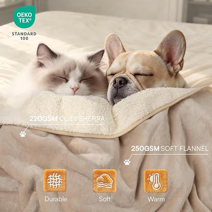 Luciphia Waterproof Pet Blanket, Liquid Pee Proof Dog Blanket for Sofa Bed Couch, Reversible Sherpa Fleece Furniture Protector Cover for Small Medium Large Dogs Cats, Khaki+Beige X-Large（85" x 57"）