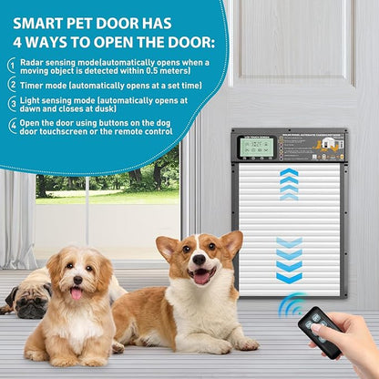 Automatic Pet Door, Dog Door Radar, Timer & Light Sensor Modes, Solar & USB Rechargeable Doggy Door, Durable Aluminum, Weatherproof, 10"×13", 24/7 Operation for Small Pets Up to 45 lb (White)