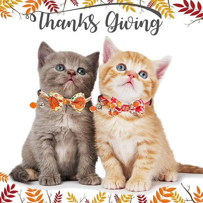ADOGGYGO Thanksgiving Cat Collars with Bow Bell, Breakaway Fall Kitten Collar with Bowtie Pumpkin Turkey Collar for Girl Boy Cats Kittens