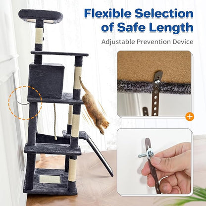 Cat Tree Tower 63in Multi-Level Cat Tower for Indoor Cats with Sisal Scratching Posts, Condo, Hammock, Dangling Ball and Extended Platform for Cats to Play, Grey