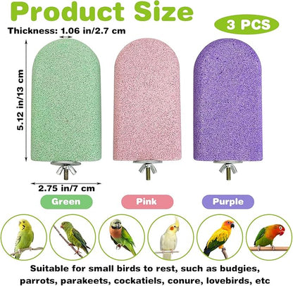 PINVNBY 3 PCS Bird Perches Calcium Parrot Perch Stand Bird Beak Grinding Stone Foot Claws Trimmer Multiple Colors Parakeets Chewing Toys Bird Cage Accessories for Budgie Cockatiel Conure Lovebird