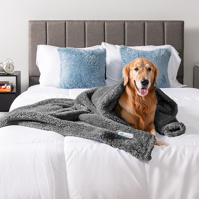 PetAmi Dog Blanket for Large Dogs Grey, Fluffy Soft Sherpa Fleece for Puppy, Kitten, Cat, Calming Pet Throw for Bed, Washable Sofa Couch Cover, X-Large 60x80