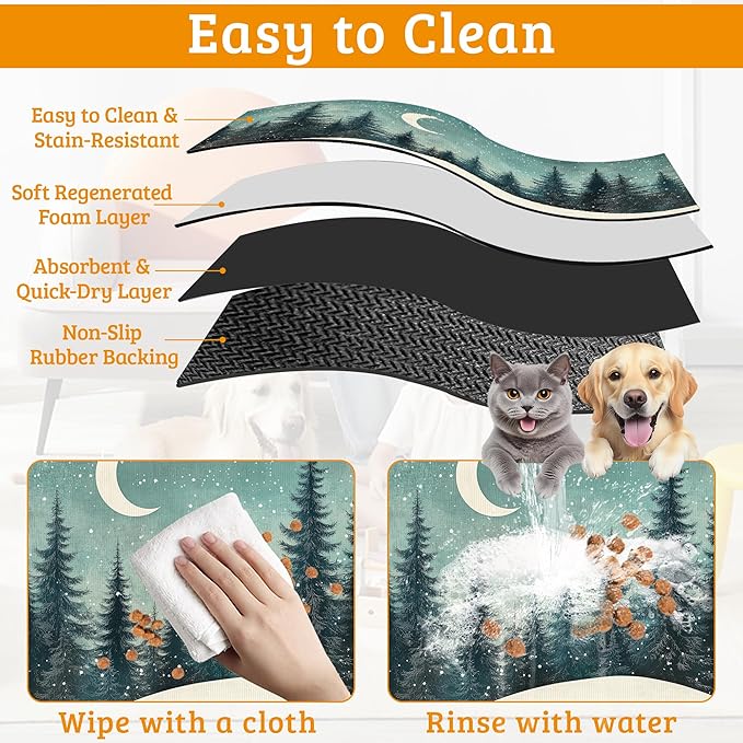 Pet Feeding Mat,Abstract Forest Absorbent Dog Cat Food Mat Moon Dog Mat with Rubber Backing,Non-Slip Water Bowl Placemat,Pet Supplies 16" x 24"