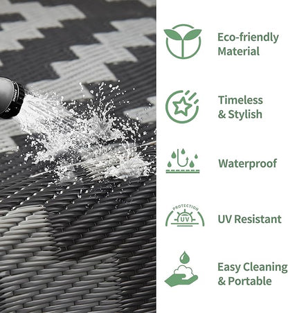 GENIMO Outdoor Rug for Patio Clearance,9'x12' Waterproof Large Mat,Reversible Plastic Camping Rugs,Rv,Porch,Deck,Camper,Balcony,Backyard,Black & Gray
