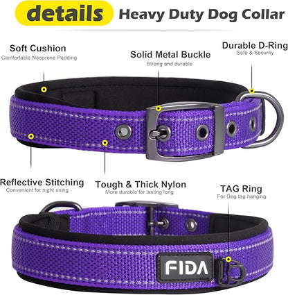 Fida Heavy Duty Dog Collar, Ultra Comfortable Soft Neoprene Padded, Adjustable Reflective Nylon Pet Collar with Durable Metal Belt Buckle for Medium Breeds (M, Purple)