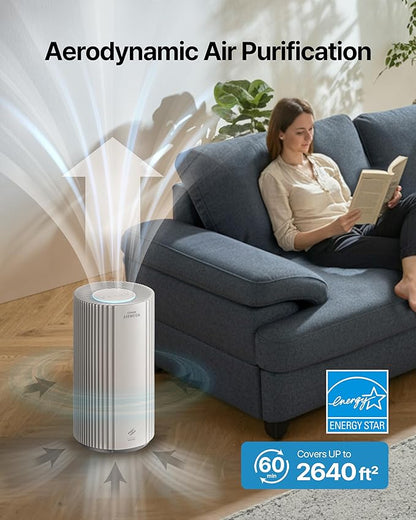 COWAY Air Purifier for Large Room Whole Home Up to 2,640 ft², HEPA Filter for Smoke, Allergen, Pet Dander, Odor, PM 10 AQI, Turbo Eco Mode, Timer, Energy Star, 3yr Warranty, Airmega 350 Beige