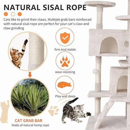 Cat Tree for Indoor Cats, Multi-Level Cat Tower with Scratching Posts & Cozy Condo, Space Saving Cat Activity Center, Durable Pet Play House (54in,Beige)