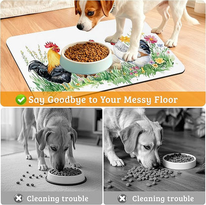 Chicken Rooster Dog Cat Food Mat,Green Grass Absorbent Waterproof Placemat for Food and Water Non Slip Rubber Backing Durable Feeding Pad for Clean Floors 16" x 24"