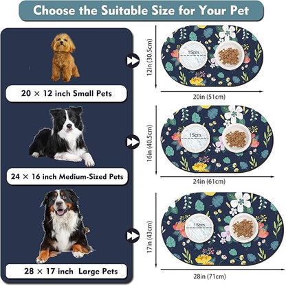 Absorbent Pet Food Mat 24''x16'', No Stains Quick Dry Pet Water Mat Protect Floor, Cat Dog Water Bowl Mat for Messy Drinkers, Non-Slip Rubber Base Pet Placemats for Food and Water, Dark Blue Floral