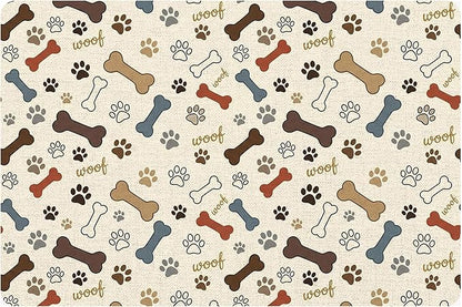 Dog Feeding Mat 24 x 16 Inch, Neutral Paw Bone Woof Dog Placemat Absorbent Quick-Dry for Food and Water, Waterproof Non Slip Rubber Pet Bowl Pad Mat for Floors