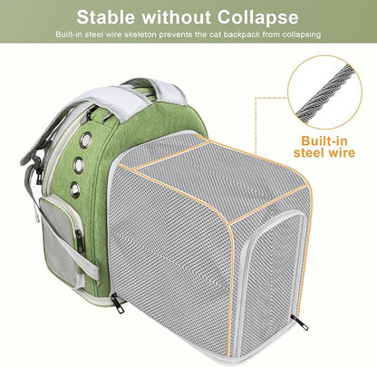Breathable Cat Bubble Backpack Large Space Pet Carrier Backpack Expandable for Kitty Dog, Foldable Airline Approved Cat Backpack, Transparent PetTravel Backpack Up to 20 lbs (Green) (Green)