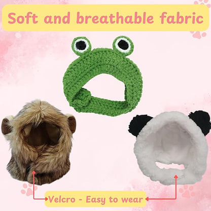 3pcs Hat for Cat Animal Costume Pack, Lion Head for Cats, Cat Panda Costumes, Frog Costume for Cats, Adjustable Washable Soft Small Pet Headwear Accessory, Costumes Pet Clothes (Lion, Panda, Frog)